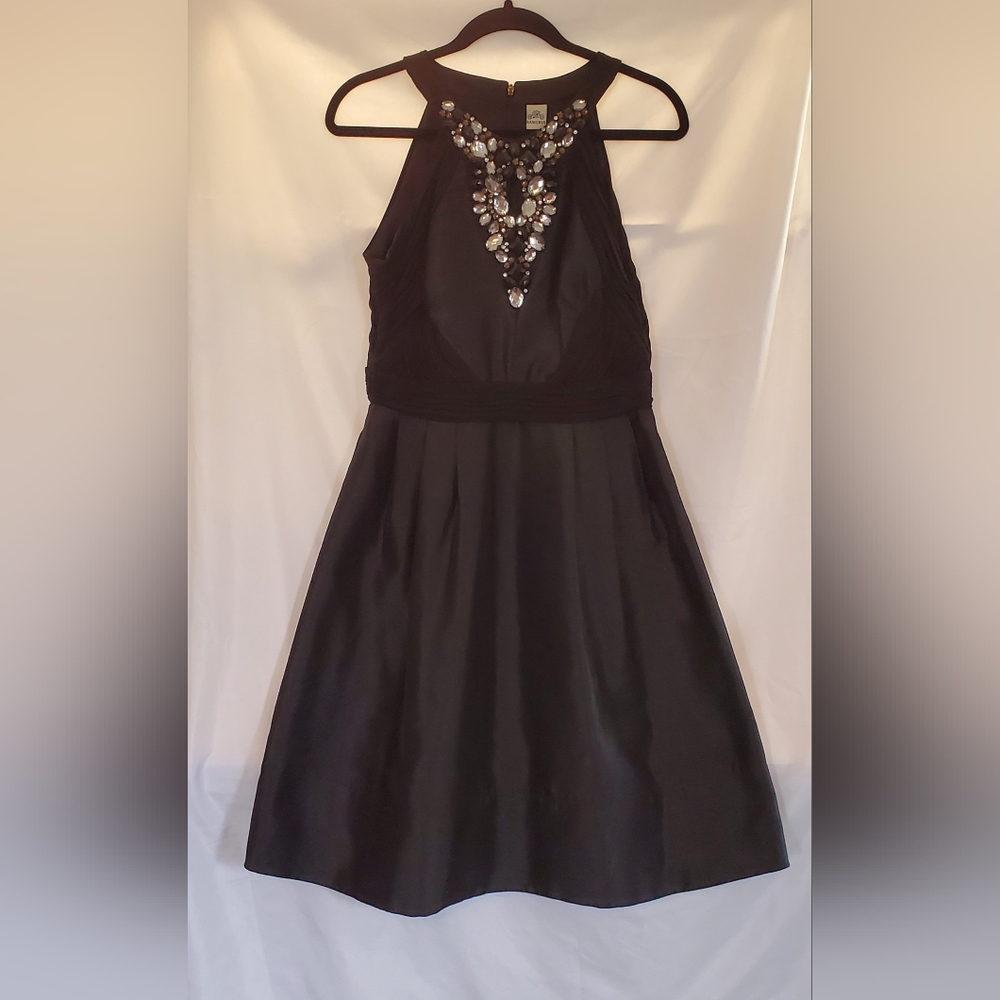 Black,  mid-calf, formal dress with jeweled neckline/bodice